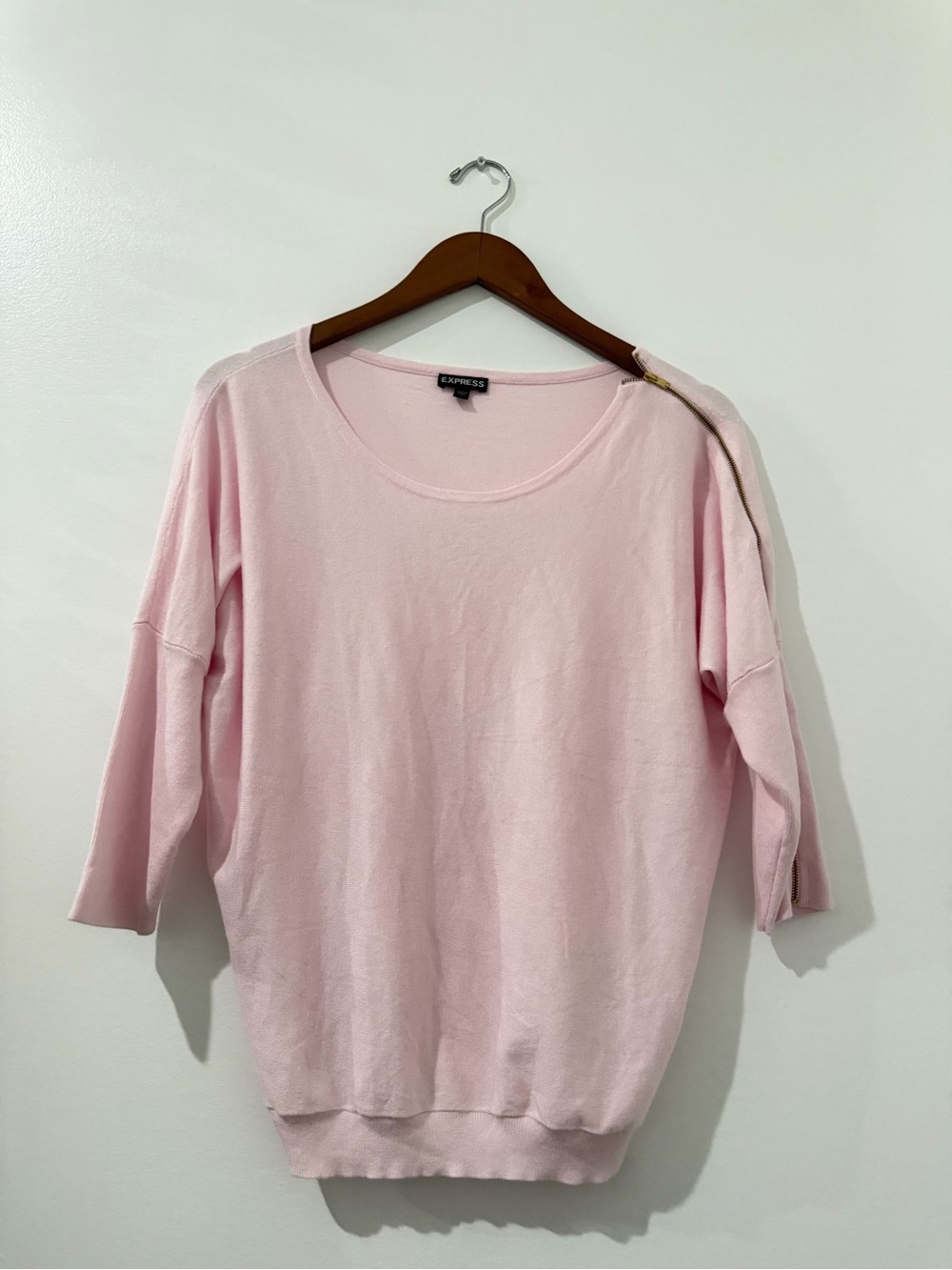 Express Light Pink Crewneck Sweater with Shoulder Zip Accent oversized